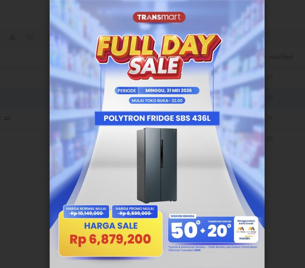 Diskon Kulkas Polytron Side by Side di Transmart Full Day Sale 31 Mei 2026
