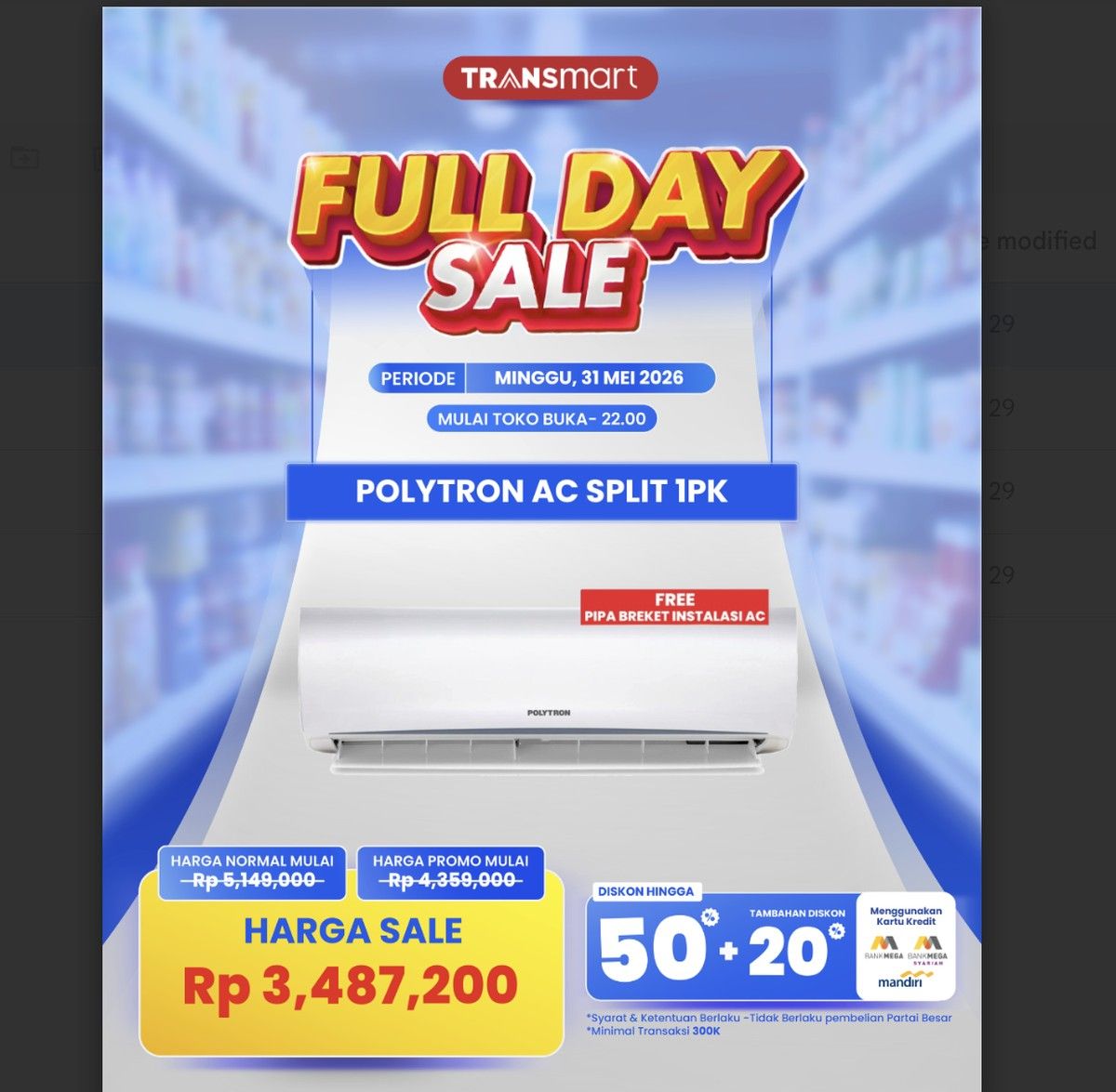 Diskon AC Split Polytron 1 PK di Transmart Full Day Sale 31 Mei 2025