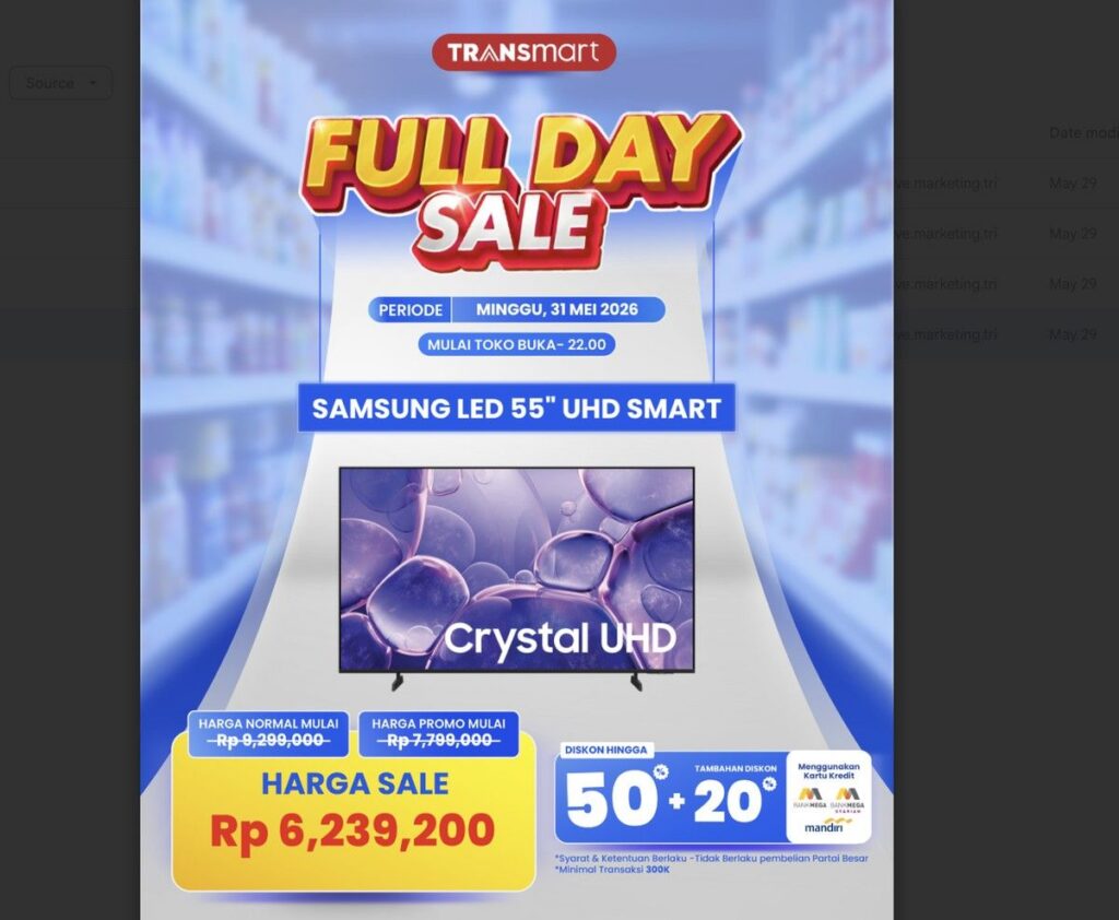 Transmart Gelar Full Day Sale 31 Mei 2026 Beri Diskon Jumbo Samsung Smart TV