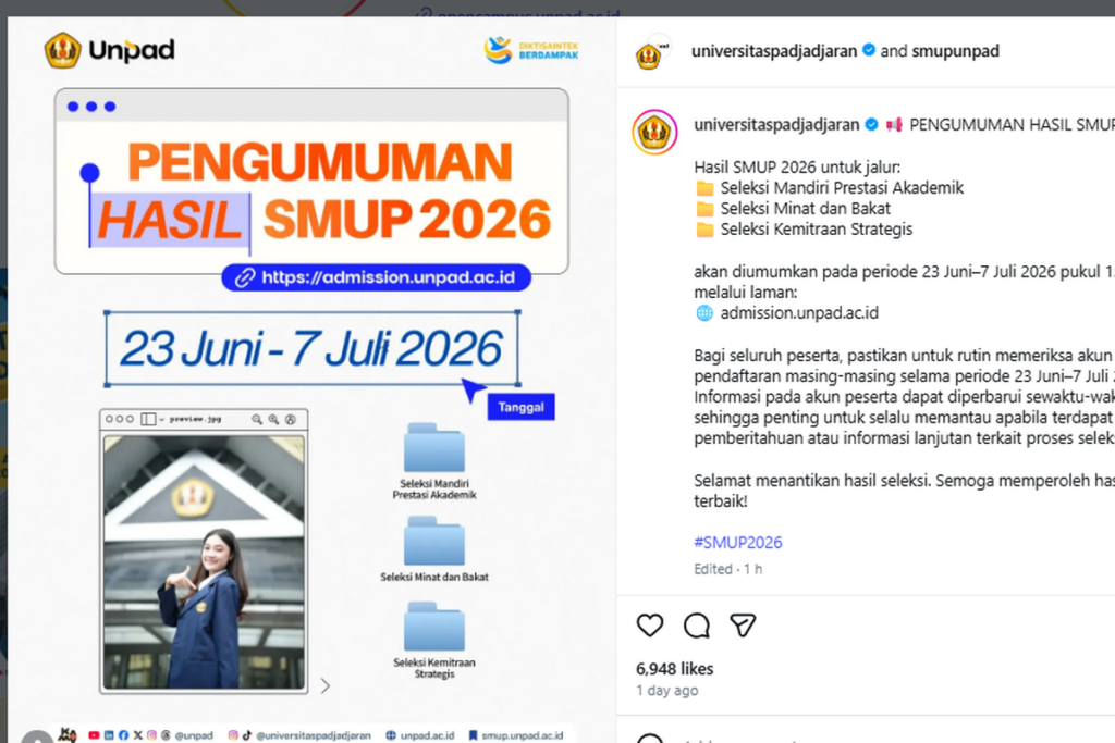 Unpad Umumkan Kelulusan SMUP 2026 Mulai 23 Juni
