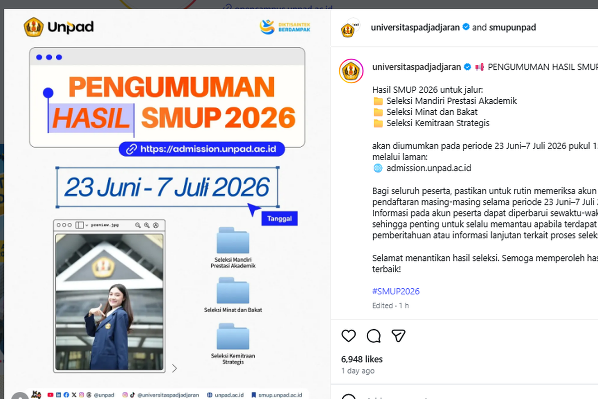 Unpad Umumkan Kelulusan SMUP 2026 Mulai 23 Juni