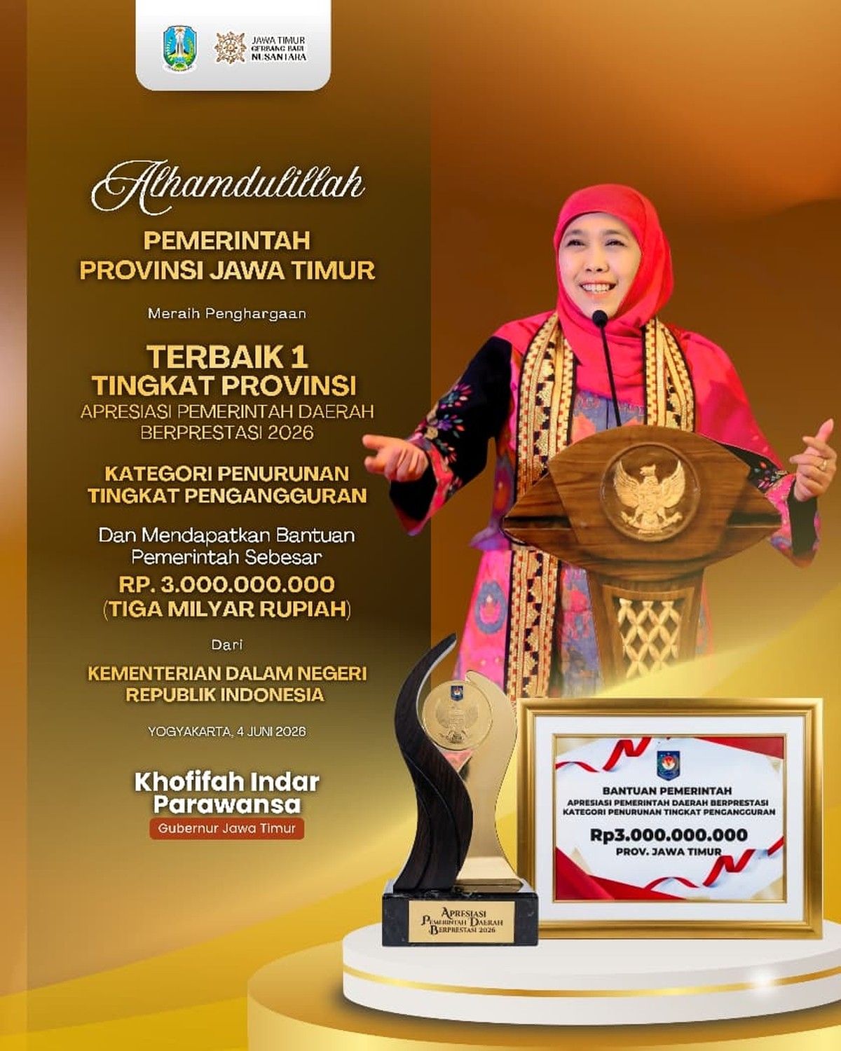 Pemprov Jatim Raih Penghargaan Penurunan Pengangguran Terbaik I