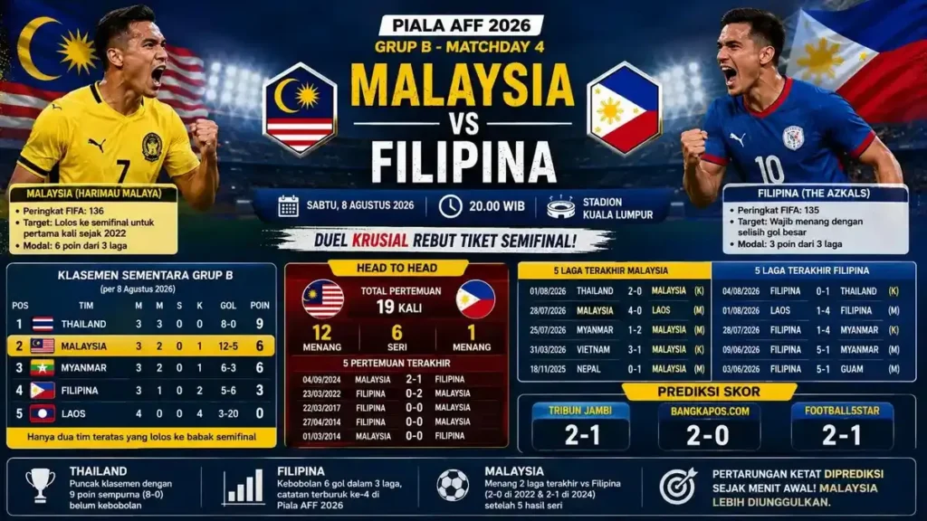 Malaysia Pertaruhkan Tiket Semifinal Pertemuan Lawan Filipina